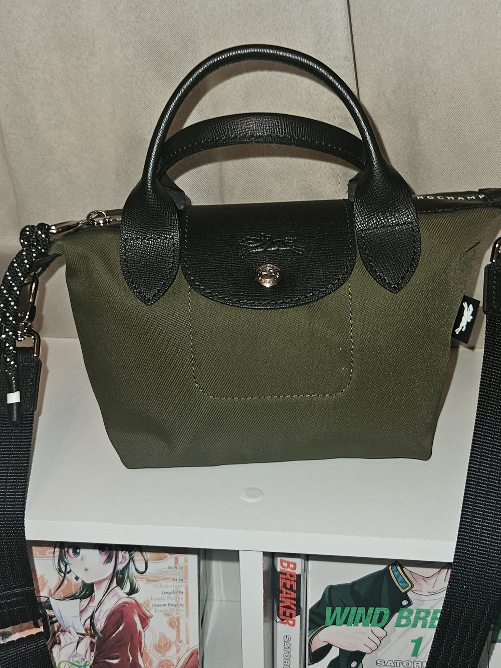 Longchamp Mini Top-Handle Crossbody in Olive Green with Black Trim